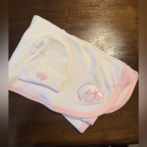 Iowa Hawkeyes White and Pink Baby Blanket with Hat